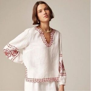 J. Crew Bungalow embroidered 100% linen Red & White Boho Peasant Top Blouse Sz M